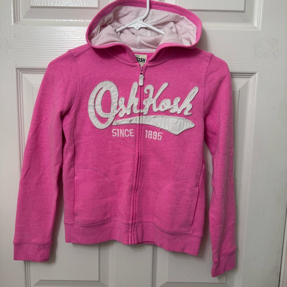 OshKosh B'gosh Kids Girls Size 10 Pink White Spell out Zip-up Hoodie Sweatshirt